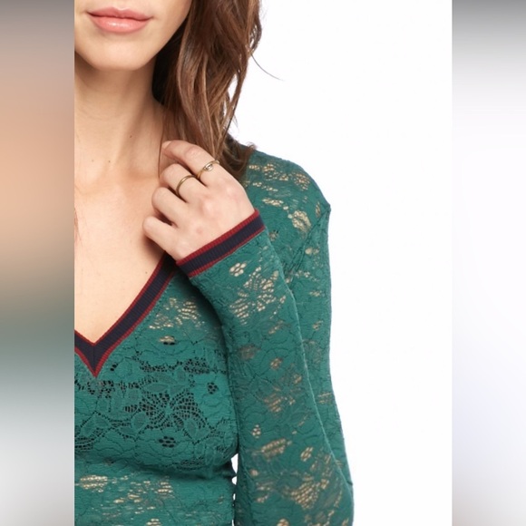 Free People Dark Green Cami Stretch Lace V-Neck Top Sheer Large - Picture 2 of 8